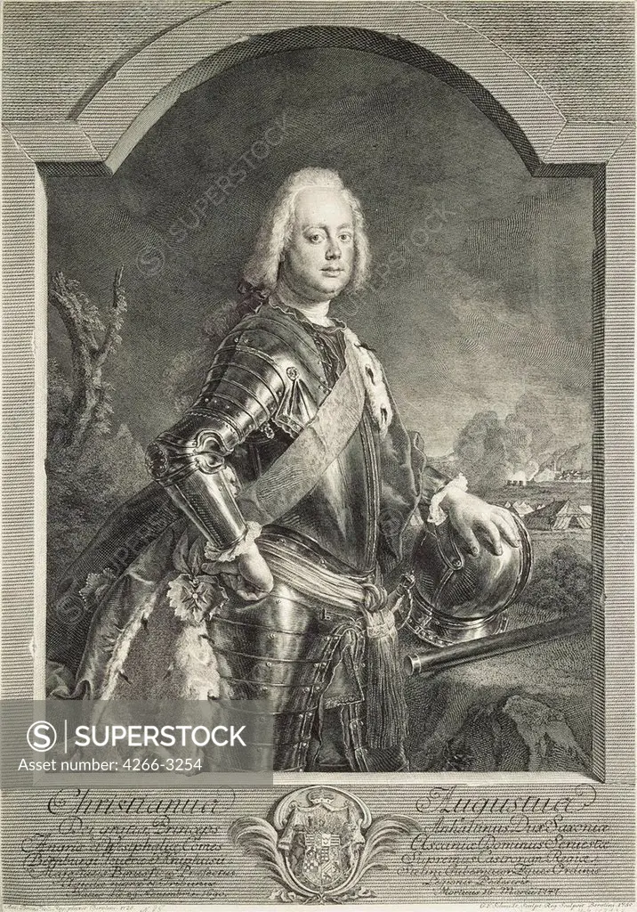 Portrait of Prince Christian Augustus of Anhalt-Zerbst father of Catherina the Great by Georg Freidrich Schmidt, etching, 1750, 1712-1775, Russia, St. Petersburg, State Hermitage, 51x36