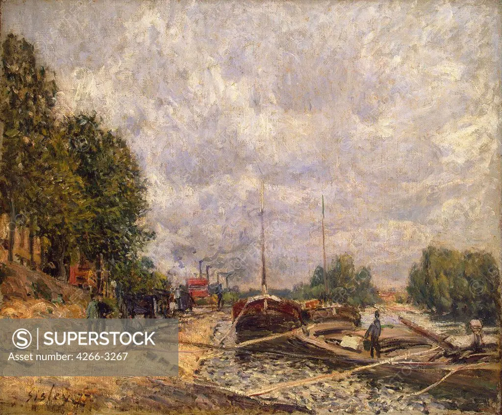 Barges at Billancourt by Alfred Sisley, oil on canvas, 1877, 1839-1899, Russia, St. Petersburg, State Hermitage, 46, 5x56, 3