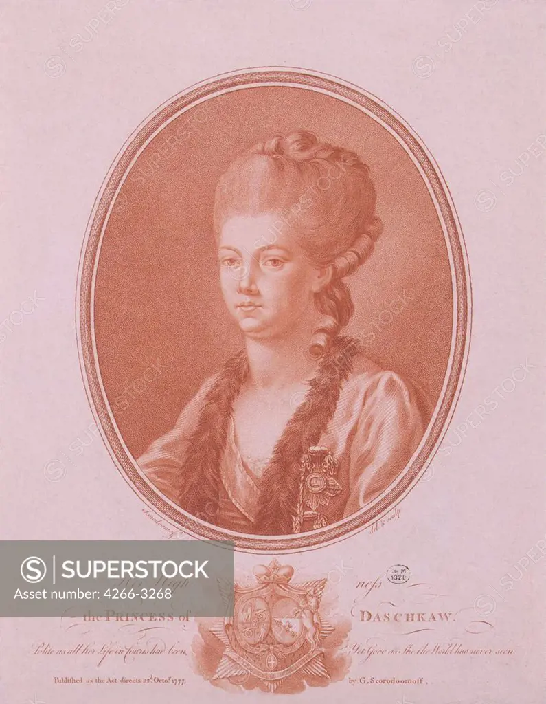 Portrait of Princess Catherine Dashkova by Gavriil Ivanovich Skorodumov, copper engraving, 1777, 1755-1792, Russia, St. Petersburg, State Hermitage, 26, 7x21