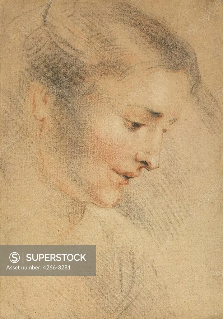 Portrait of woman by Jean Antoine Watteau, pencil, sanguine on paper, 1710s, 1684-1721, Russia, St. Petersburg, State Hermitage, 33x23