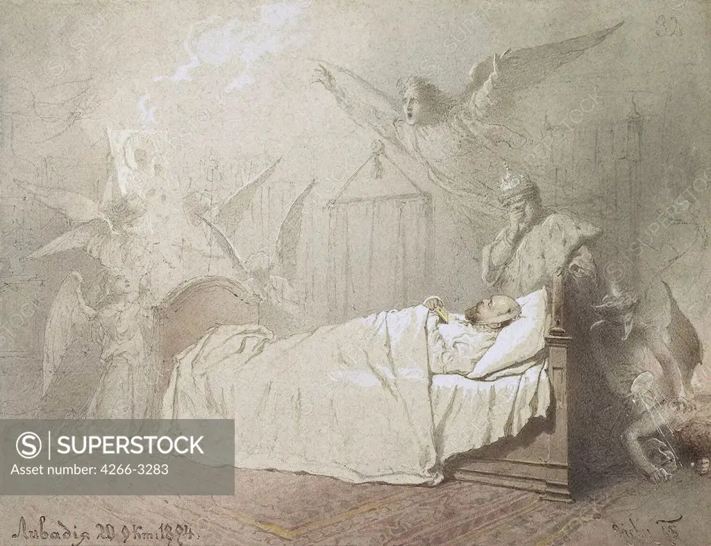 Emperor Alexander III in bed by Mihaly Zichy, watercolor and white colour on paper, 1895, 1827-1906, Russia, St. Petersburg, State Hermitage, 23, 5x31