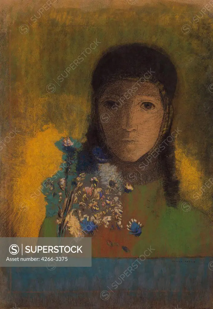 Portrait of woman with flower by Odilon Redon, pastel on canvas, circa 1900, 1840-1916, Russia, St. Petersburg, State Hermitage, 52x37, 5