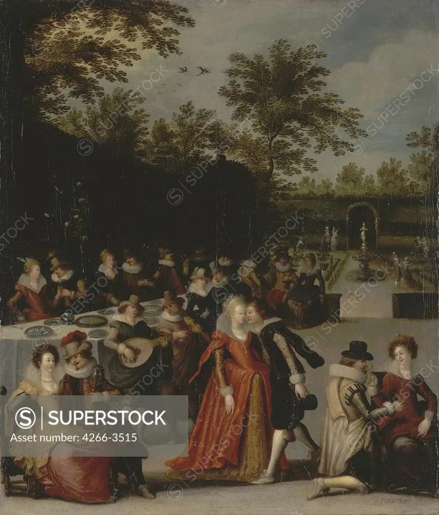 Garden party by Louis de Caulery, Oil on canvas, circa 1620, circa 1582-1621, Russia, St. Petersburg, State Hermitage, 51x44