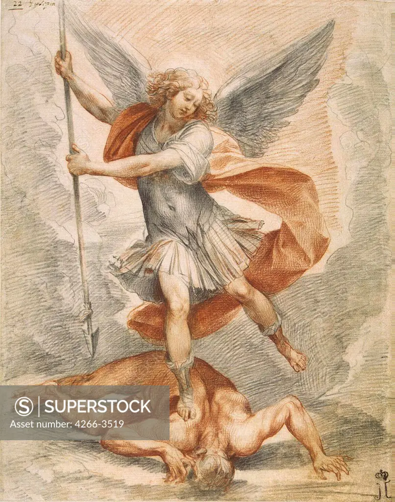 Archangel Michael by Giuseppe Cesari, Black chalk and sanguine on paper, circa 1629-1630, 1568-1640, Russia, St. Petersburg, State Hermitage, 31, 5x24, 7