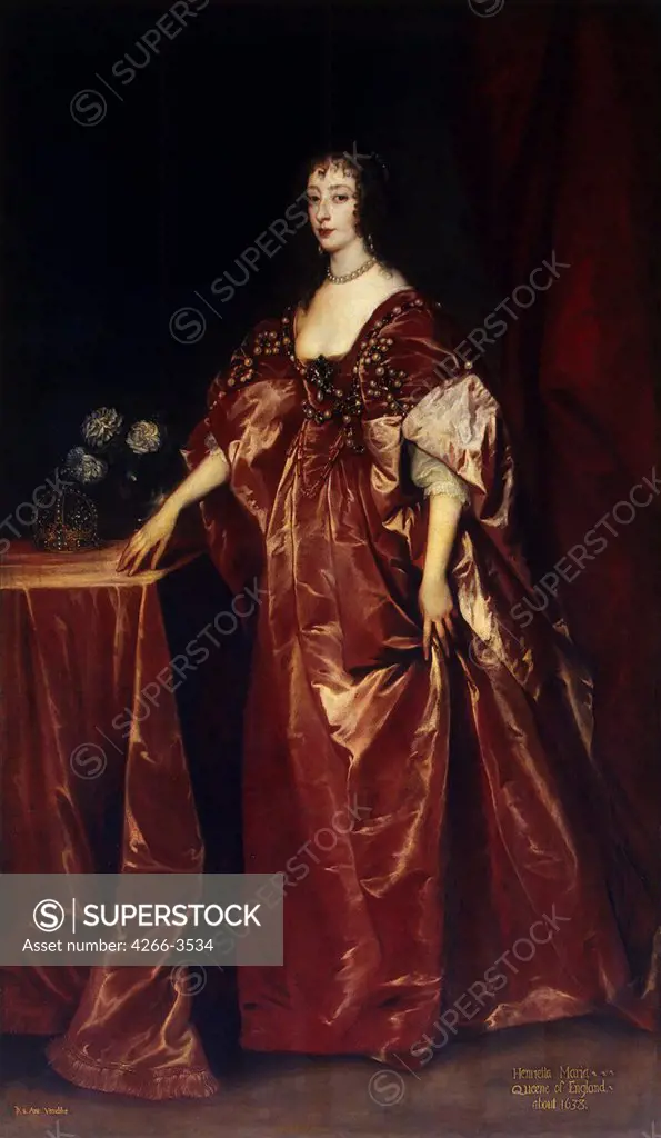 Portrait of Henrietta Maria by Sir Anthonis van Dyck, Oil on canvas, circa 1637-1640, 1599-1641, Russia, St. Petersburg, State Hermitage, 220x131, 5