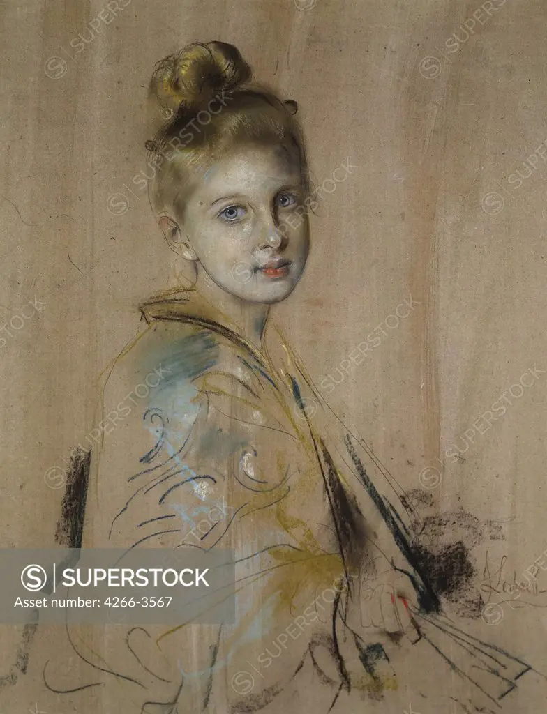 Portrait of young woman by Franz von Lenbach, Pastel on cardboard, 1880s, 1836-1904, Russia, St. Petersburg, State Hermitage, 72x57