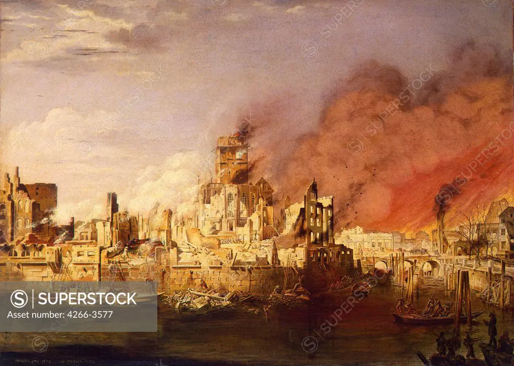 Fire in Hamburg by Ditlev Martens, Oil on canvas, 1842, Romanticism, 1795-1864, Russia, St. Petersburg, State Hermitage, 66x93