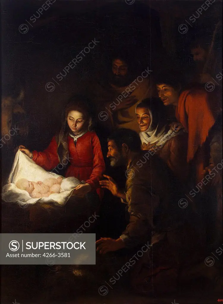 Adoration of Christ Child by Bartolome Esteban Murillo, Oil on canvas, circa 1650, Baroque, 1617-1682, Russia, St. Petersburg, State Hermitage, 197x147