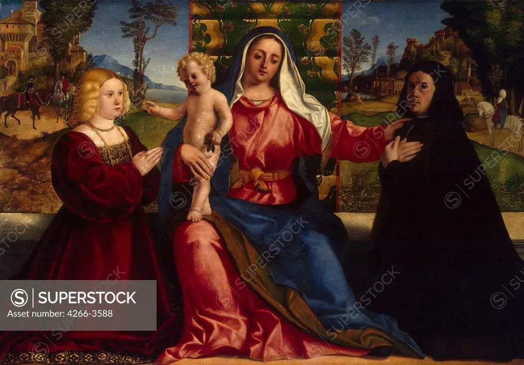 Virgin Mary holding Infant by Jacopo Palma il Vecchio the Elder, Oil on canvas, circa 1505, Renaissance, 1480-1528, Russia, St. Petersburg, State Hermitage, 120x173