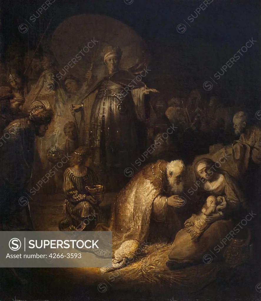 Adoration of the Christ Child by Rembrandt van Rhijn, Oil on paper, 1632, 1606-1669, Russia, St. Petersburg, State Hermitage, 45x39