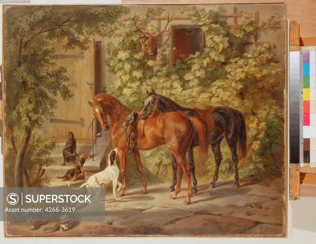 Horses at porch by Albrecht Adam, Oil on canvas, 1843, 1786-1862, Russia, St. Petersburg, State Hermitage, 75x90