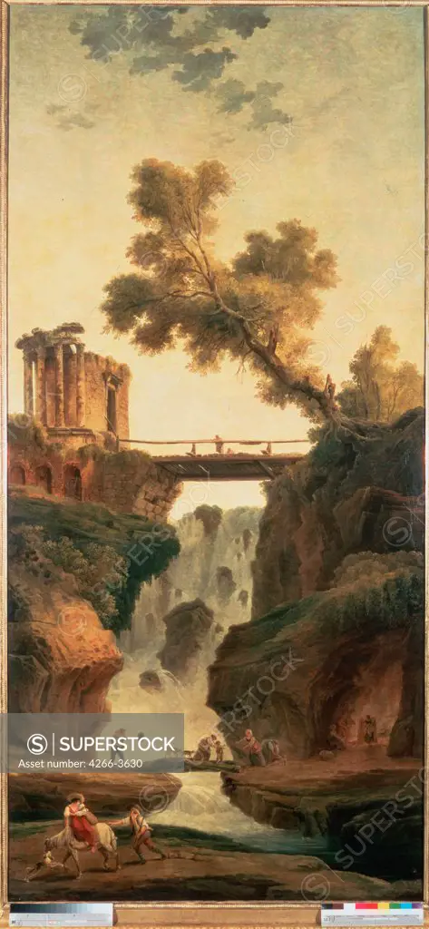 Landscape with waterfall by Hubert Robert, Oil on canvas, 1790s, 1733-1808, Russia, St. Petersburg, State Hermitage,