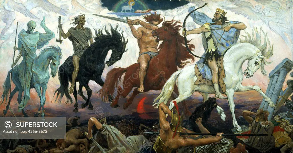 Four Horsemen of Apocalypse by Viktor Mikhaylovich Vasnetsov, Oil on canvas, 1887, 1848-1926, Russia, St Petersburg, State Museum of Religious History,