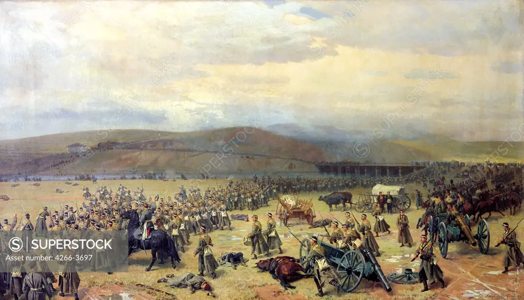 Battle of Pleven by Nikolai Dmitrievich Dmitriev-Orenburgsky, Oil on canvas, 1889, 1837-1898, Russia, St. Petersburg, State Central Artillery Museum, 112x193