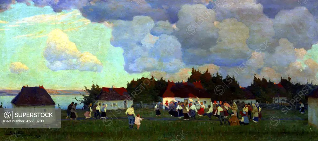 Village at riverbank by Viktor Ivanovich Zarubin, Oil on canvas, 1910s, 1866-1928, Ukraine, Lugansk, Regional Art Museum,