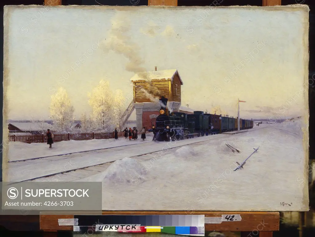 Steam Train by Vladimir Gavrilovich Kasantsev, Oil on canvas, 1891, 1849-1902, Russia, Irkutsk, State Art Museum, 63x90