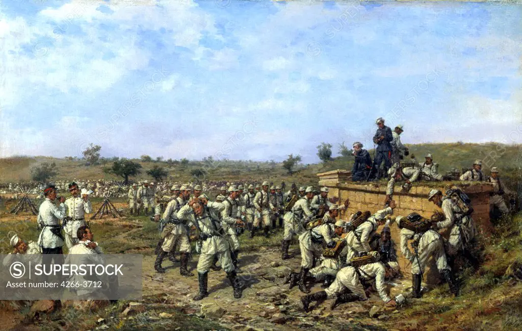 Soldiers on battlefield by Pavel Osipovich Kovalevsky, Oil on canvas, 1880s, 1843-1903, Russia, St. Petersburg, State Central Artillery Museum, 49x79