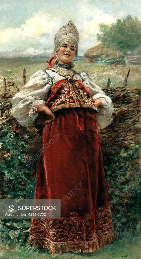 Portrait of woman in traditional costume by Konstantin Yegorovich Makovsky, Oil on canvas, 1890, 1839-1915, Russia, Petrosavodsk, State Art Museum of Republic Karelia,