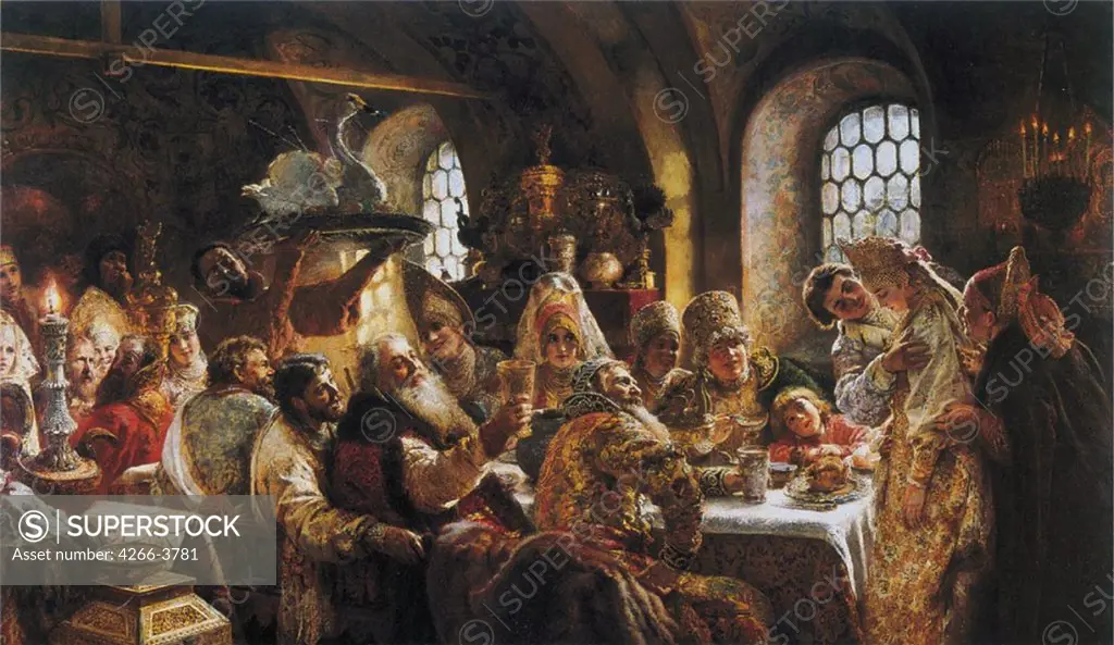 People celebrating by Konstantin Yegorovich Makovsky, Oil on canvas, 1883, 1839-1915, Usa, San Francisco, De Young Museum, 236x400