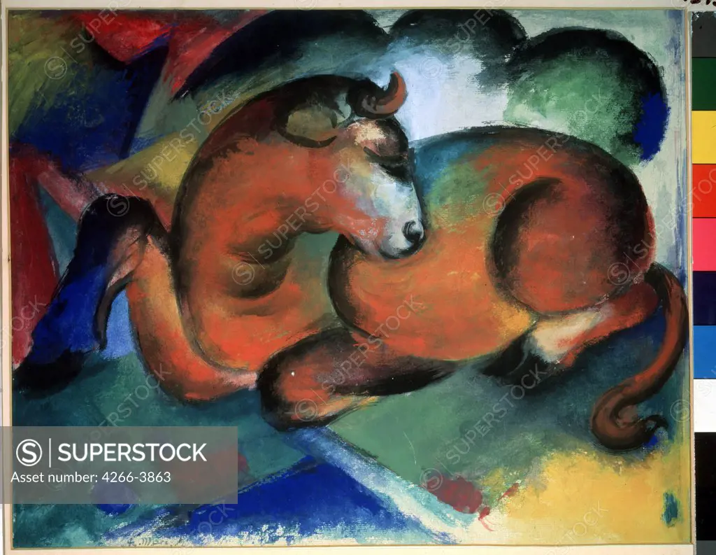 Bull by Franz Marc, Tempera on paper, 1912-1913, 1880-1916, Russia, Moscow, State A. Pushkin Museum of Fine Arts, 33, 7x42, 7