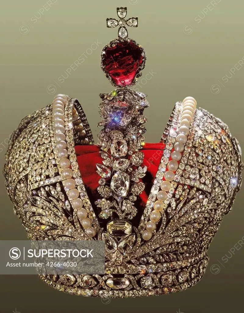 Crown of tsarina Catherine the Great by Jeremiah Pausier, silver, diamonds, pearls, gems, 1762, 1716-1779, Russia, Moscow, State United Museum Centre in the Kremlin