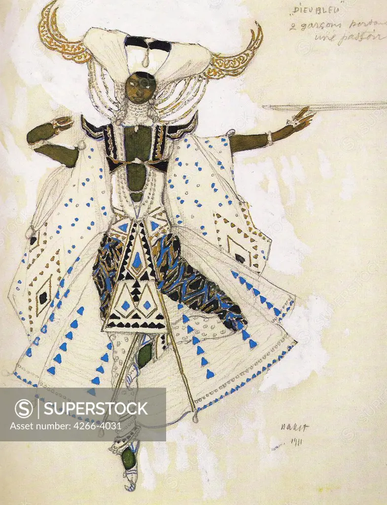 Stage costume by Leon Bakst, watercolour, gouache, gold und white colours on paper, 1911, 1866-1924, Private Collection