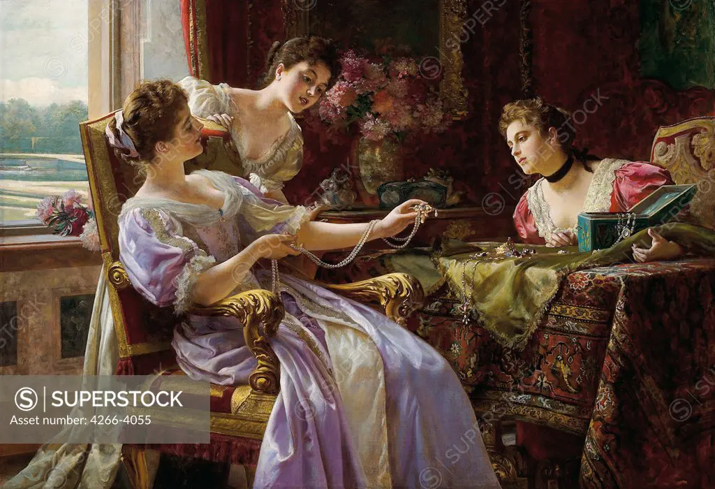 Young women looking at necklace by Wladyslaw Czachorski, Oil on canvas, 1850-1911, Private Collection 92x127