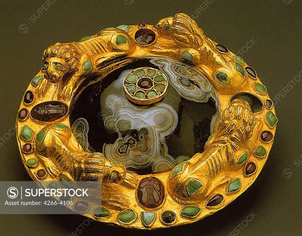 Scythian Art by anonymous artist, gold, carnelian turquoise, feldspar, lazurite, 1st century AD, Russia, Azov, Museum of History, Archaeology and Paleontology