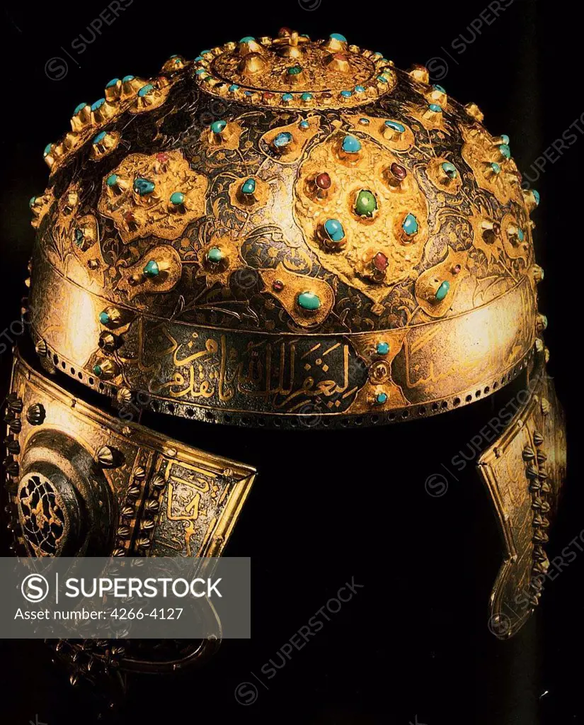 Ornate helmet by Turkish master, gold, enamel, gems, 6th century, Russia, Moscow, State Armory Chamber in the Kremlin, D 19