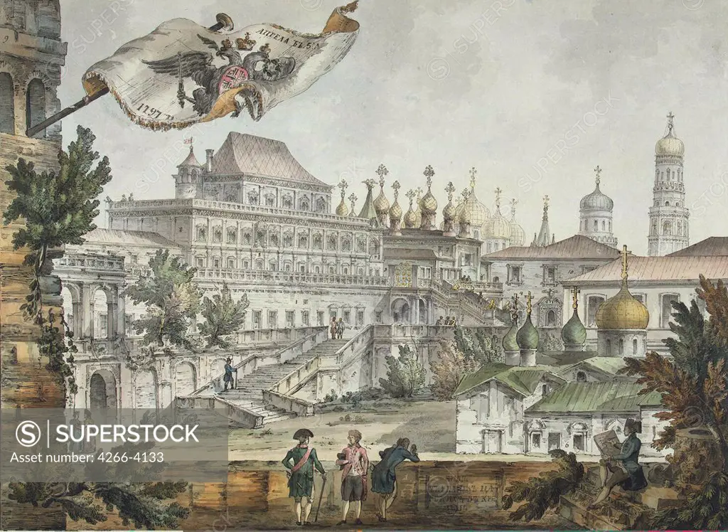 Townscape with churches by Giacomo Antonio Domenico Quarenghi, watercolor and ink on paper, 1797, 1744-1817, Russia, St. Petersburg, State Hermitage, 43, 2x57, 7