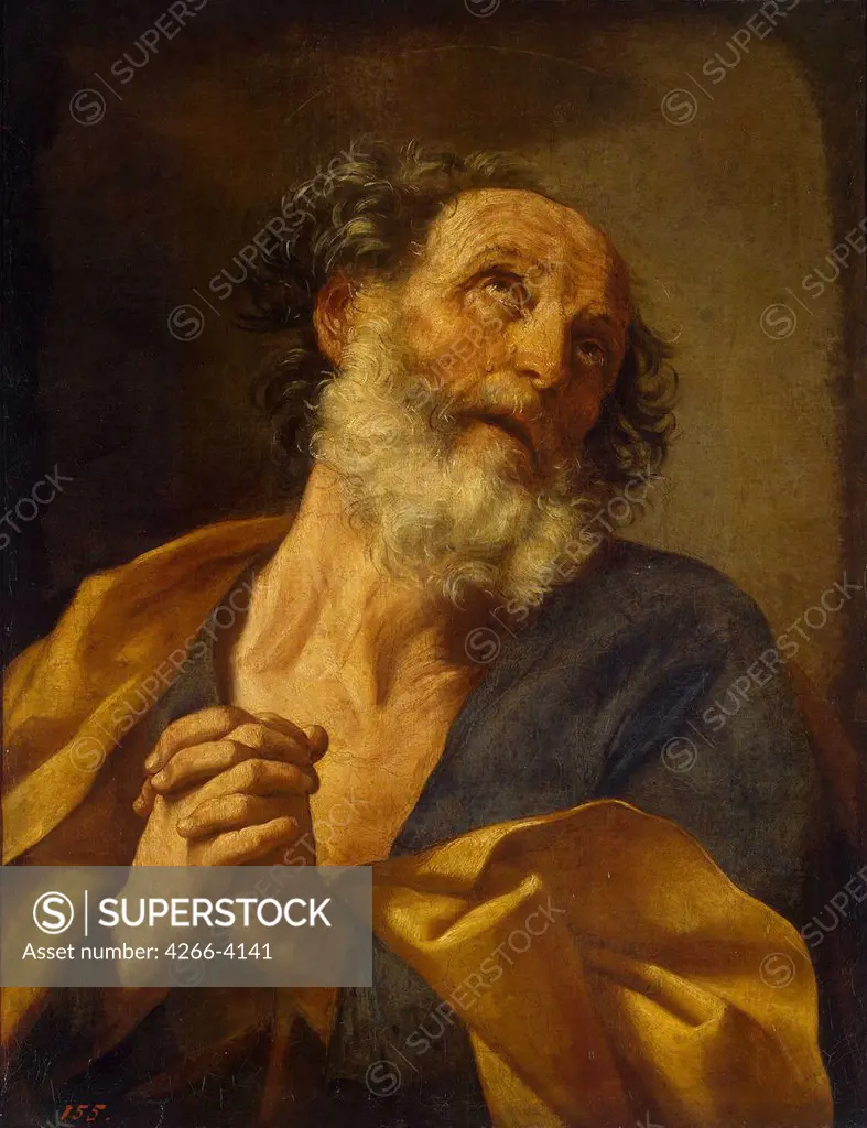 Illustration with Saint Peter by Guido Reni, oil on canvas, circa 1635, 1575-1642, Russia, St. Petersburg, State Hermitage, 73, 5x56, 5