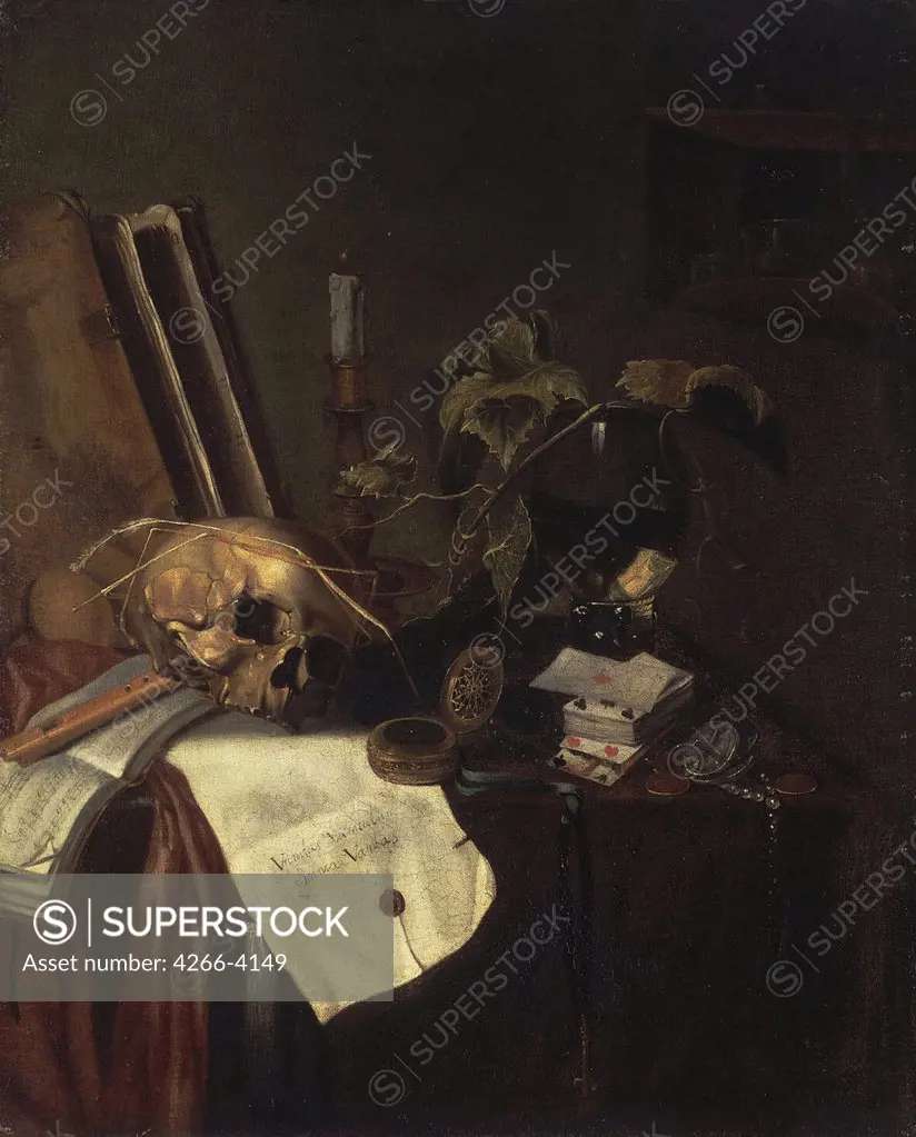 Still life with human skull by Pieter van Steenwyck, oil on canvas, between 1654 and 1691, circa 1615-after 1654, Russia, St. Petersburg, State Hermitage, 70, 5x65