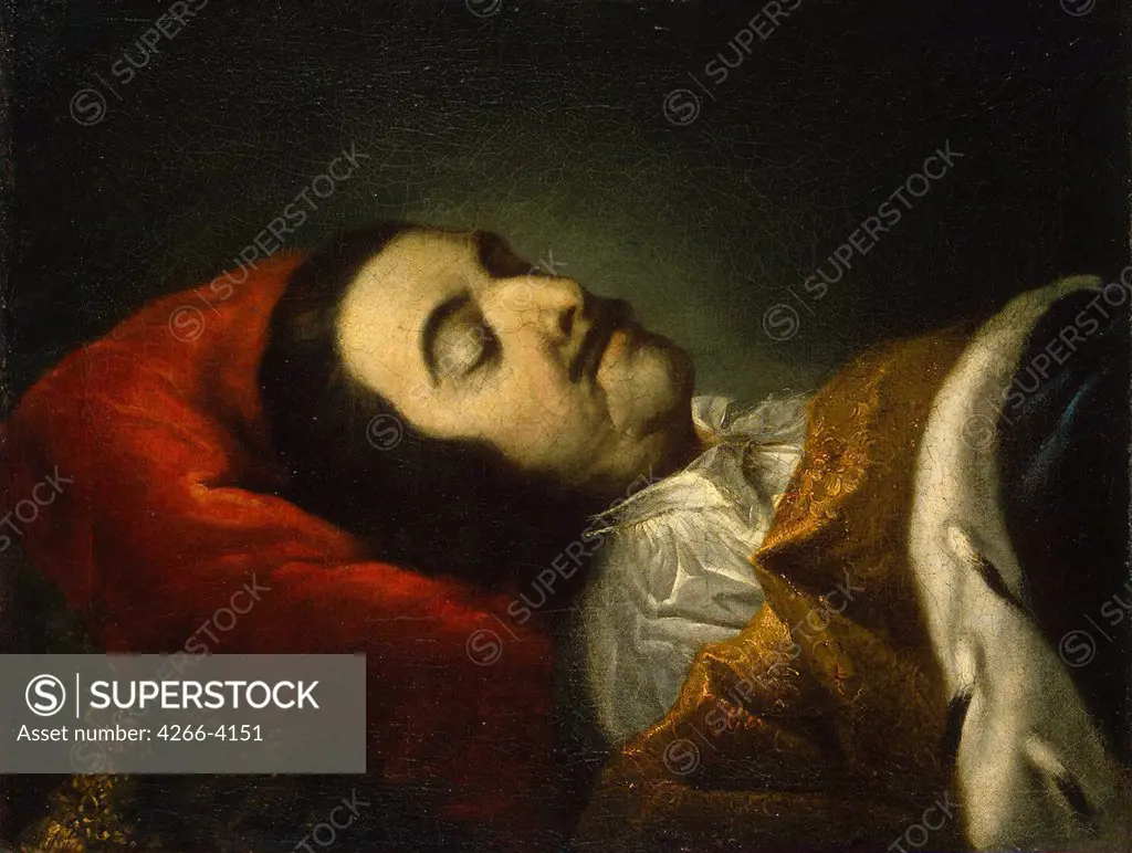 Illustration of dead tsar Peter the Great by Johann Gottfried Tannauer, oil on canvas, 1725, 1680-1737, Russia, St. Petersburg, State Hermitage, 48, 5x63