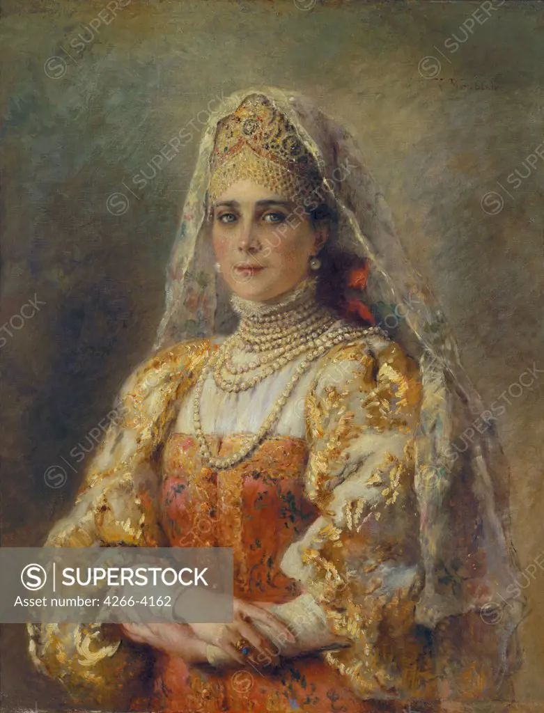 Portrait of princess Zinaida Yusupova in old russian dress by Konstantin Yegorovich Makovsky, oil on canvas, 1900s, 1839-1915, Russia, Moscow, State History Museum, 92, 5x71