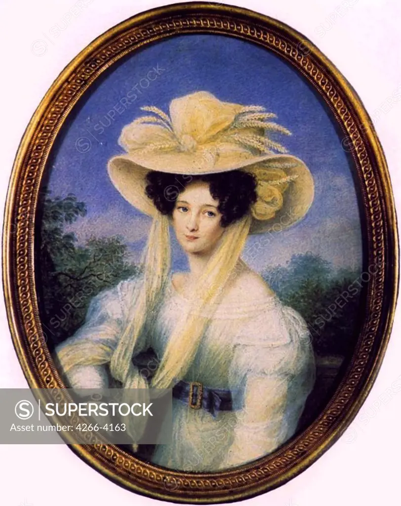 Portrait of woman in yellow dress hat by Johann Christian Schoeller, watercolour on paper, circa 1827, 1782-1851, Private Collection