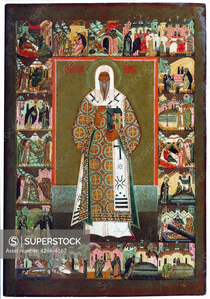 Russian icon with Metropolitan Alexis by anonymous painter, tempera on panel, 16th century, Russia, Solvychegodsk, Museum of History and Art, 116, 5x80