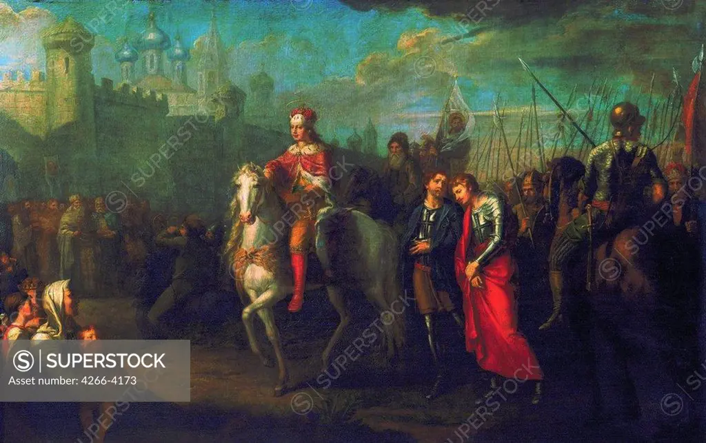 Saint Vladimir with his army in front of russian town Novgorod by Grigori Ivanovich Ugryumov, oil on canvas, 1793, 1764-1823, Russia, St. Petersburg, State Russian Museum, 197, 5x313
