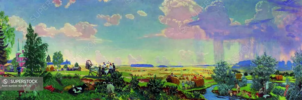Summer landscape by Boris Michaylovich Kustodiev, oil on canvas, 1918, 1878-1927, Russia, St. Petersburg, State Russian Museum, 65, 5x183, 5