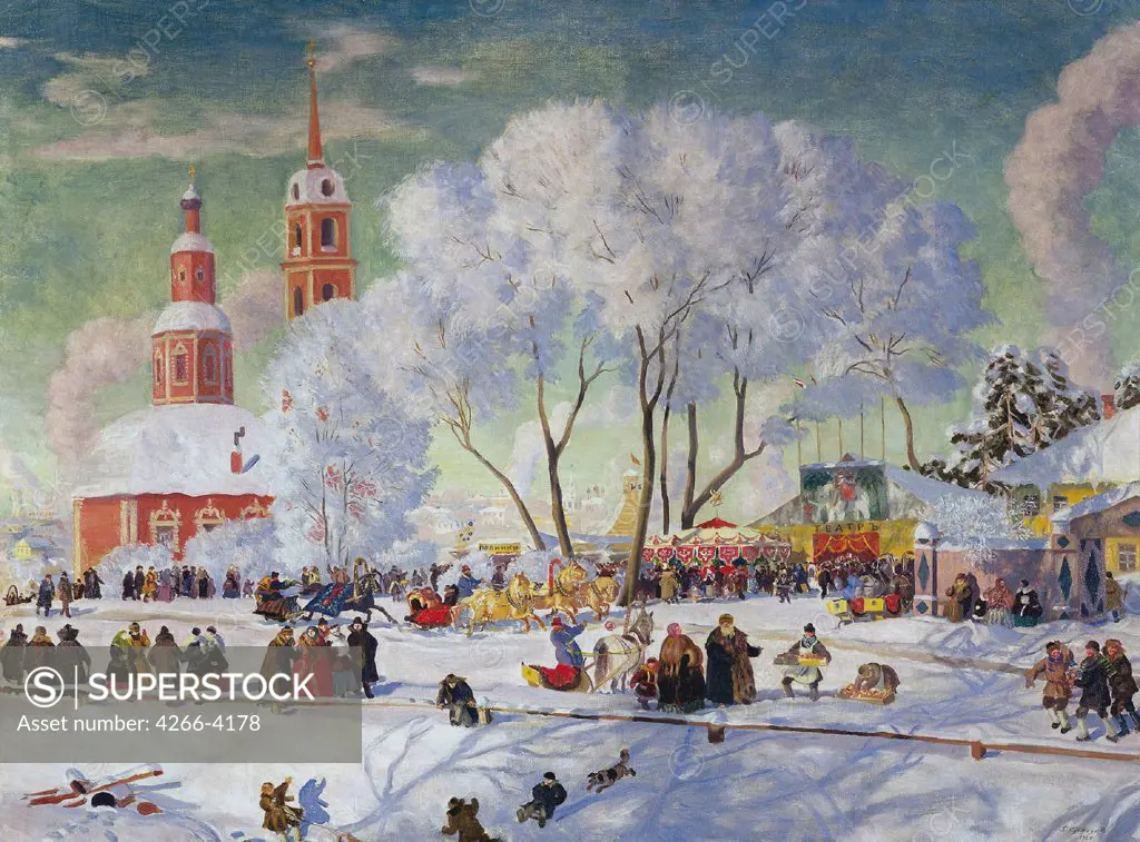 Carnival in russian town by Boris Michaylovich Kustodiev, oil on canvas, 1920, 1878-1927, Private Collection