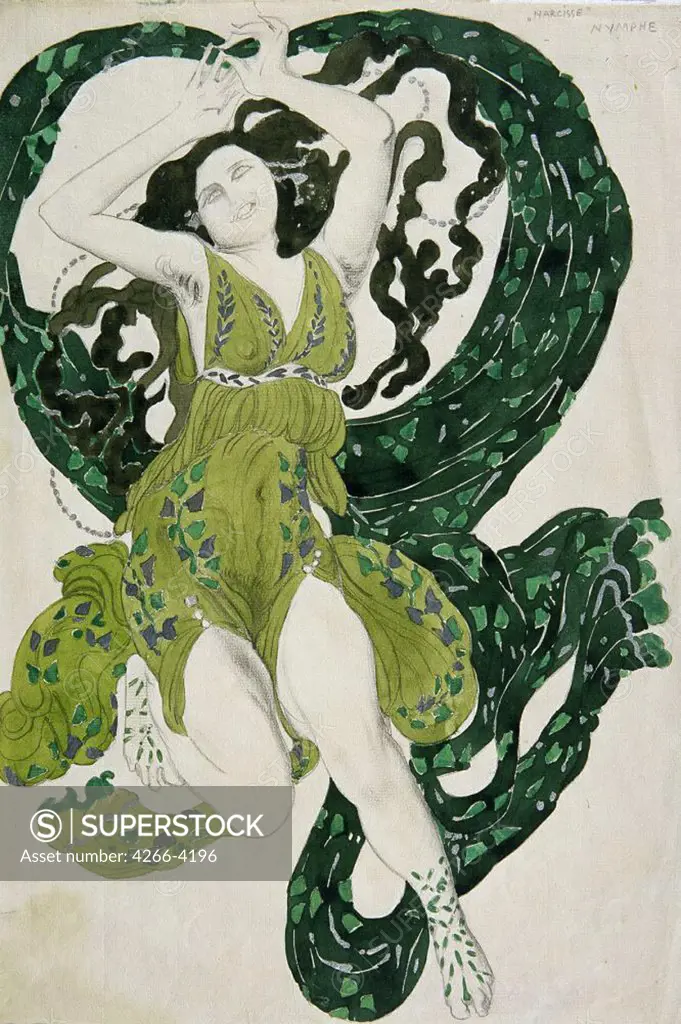 Ida Rubinstein wearing Cleopatre stage costume by Leon Bakst, pencil, watercolour, gouache, ink on paper, 1909, 1866-1924, Private Collection 28x21