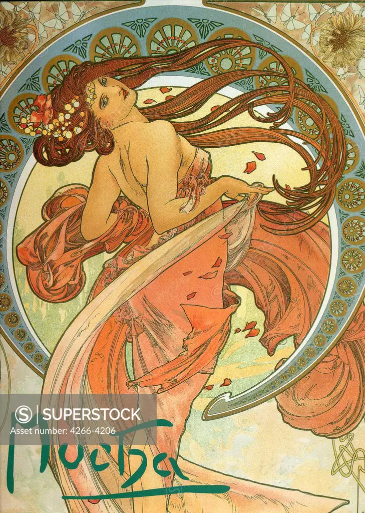 Poster with woman in dress by Alfons Marie Mucha, colour lithograph, 1898, 1860-1939, Private Collection