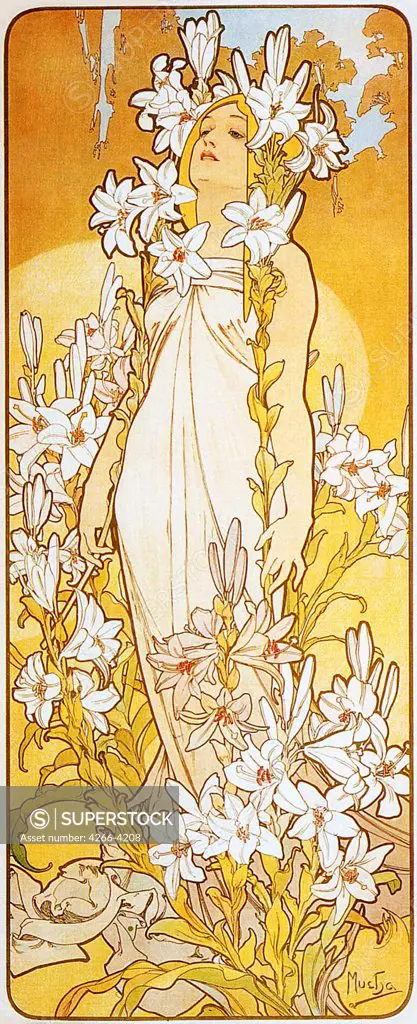 Poster with woman and flowers by Alfons Marie Mucha, colour lithograph, 1898, 1860-1939, Private Collection