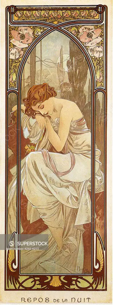 Sitting woman by Alfons Marie Mucha, Color lithograph, 1899, 1860-1939