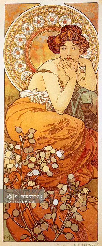 Young woman by Alfons Marie Mucha, Mucha, Color lithograph, 1900, 1860-1939, Private Collection