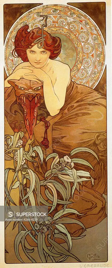 Young woman by Alfons Marie Mucha, Color lithograph, 1900, 1860-1939, Private Collection