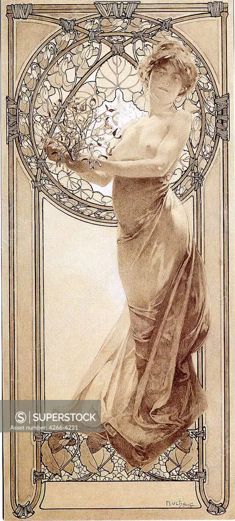 Young woman by Alfons Marie Mucha, Color lithograph, 1860-1939