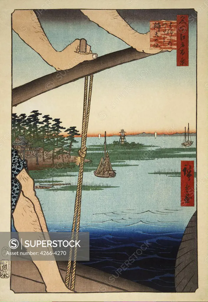 Japanese illustration with sea and sailing boats by Utagawa Hiroshige, colour woodcut, 1856-1858, 1797-1858, Russia, St. Petersburg, State Hermitage, 38x26