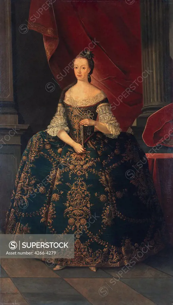 Portrait of queen of Portugal Maria I by Miguel Antonio do Amaral, oil on canvas, circa 1773, 1710-1780, Russia, St. Petersburg, State Hermitage, 239x138, 5