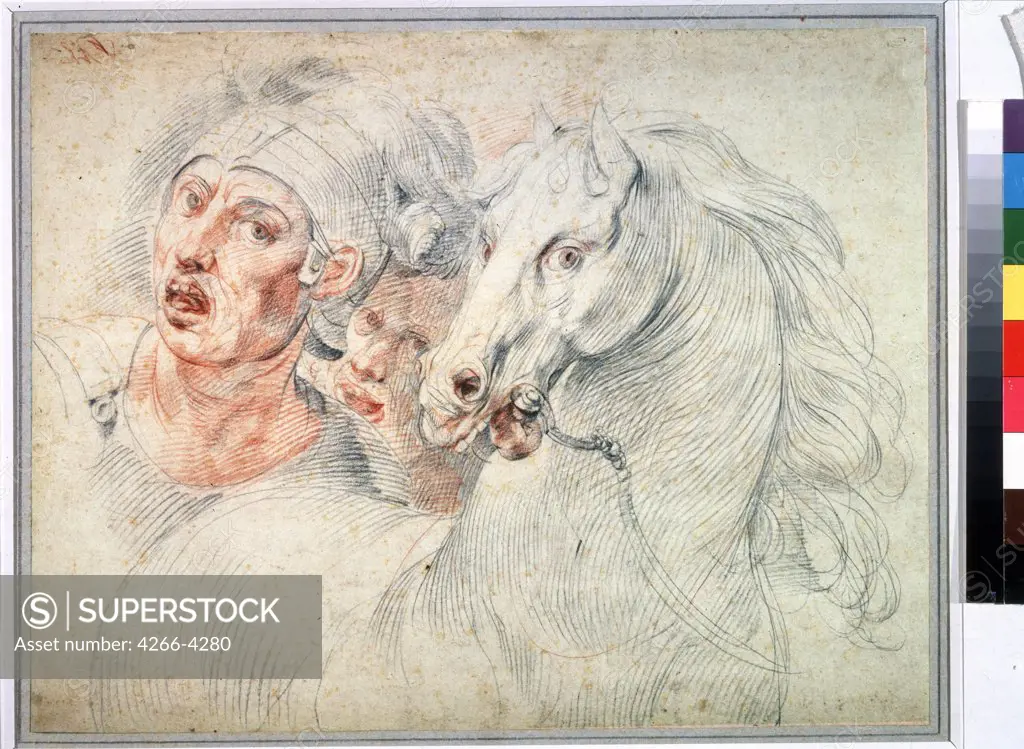 Study of horse and two soldiers by Giuseppe Cesari, black chalk and sanguine on paper, 1568-1640, Russia, Moscow, State A. Pushkin Museum of Fine Arts, 28, 2x36, 2