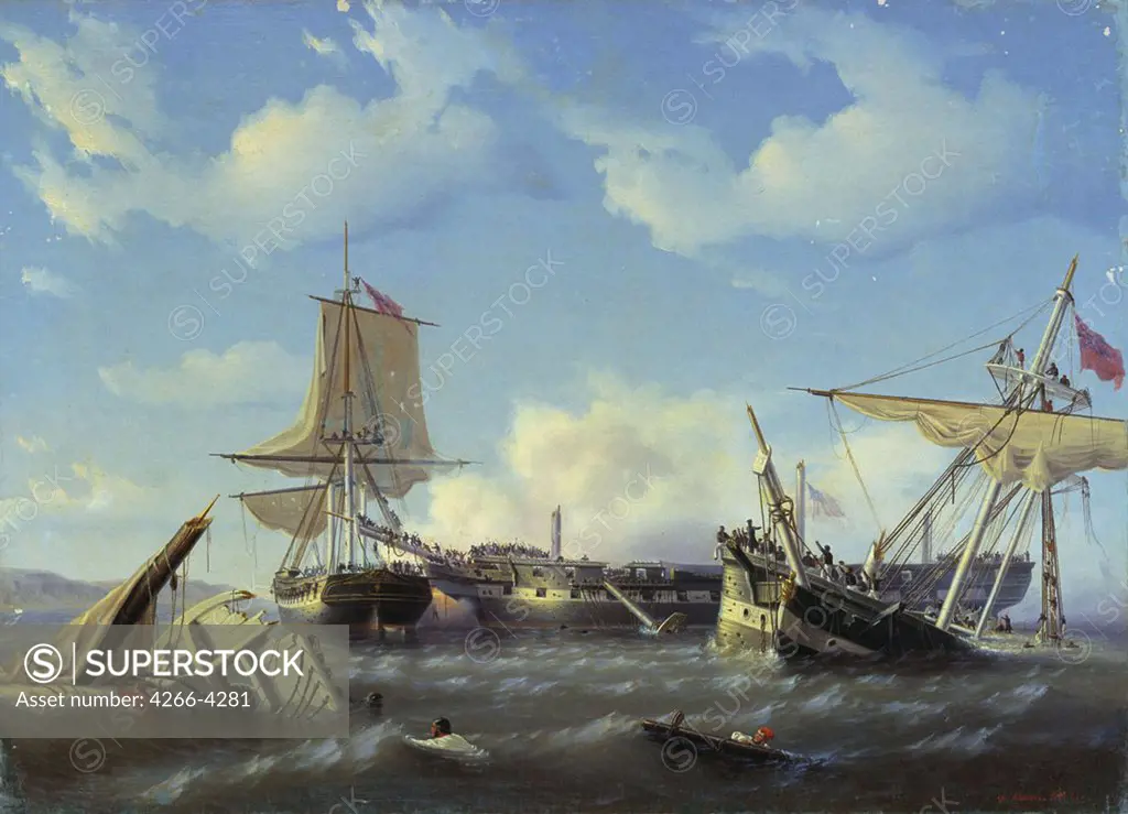 Sinking ships by Fyodor Osipovich Yushkov, oil on canvas, 1848, 1819-1876, Russia, St. Petersburg, State Central Navy Museum
